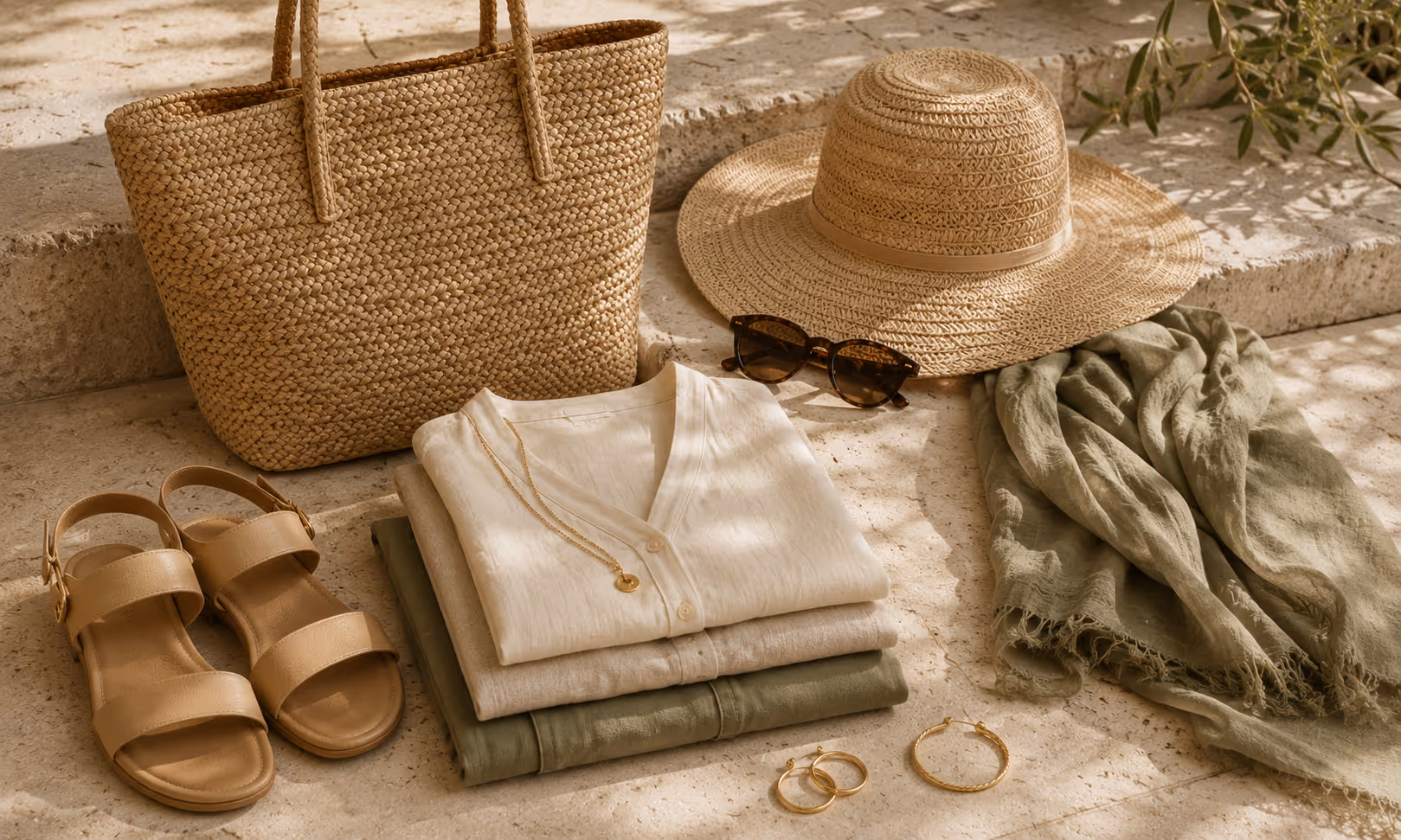 Holiday-ready outfit essentials with tote, sunglasses and soft clothing